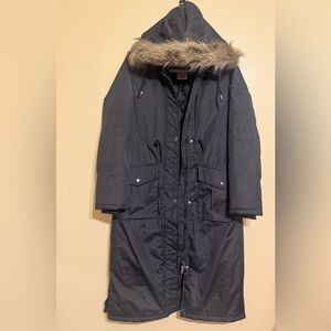 Maxim Studio Charcoal Trench Coat with Faux Fur Hood